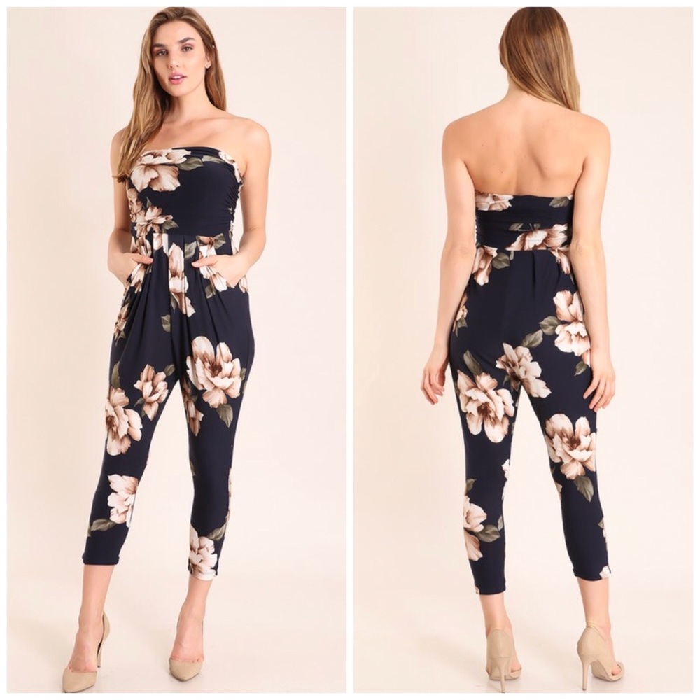 Navy Floral Jumpsuit - Picture 3 of 4
